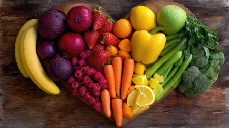 A vibrant heart-shaped display of fresh fruits and vegetables showcases the beauty of healthy living. Perfect for promoting nutrition and wellness.の素材