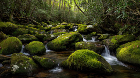 A tranquil forest scene featuring a gently flowing stream over moss-covered rocks. Sunlight filters through lush greenery, creating a serene atmosphere.の素材