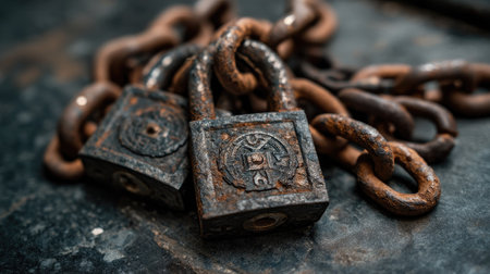 Close-up view of two old rusty locks intertwined with heavy chains, showcasing a weathered texture on a dark surface, emphasizing themes of security and protection.の素材