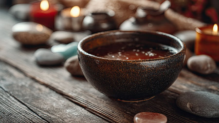 A serene bowl of herbal tea sits amidst smooth stones and gently flickering candles, evoking a sense of calm and relaxation in a cozy, natural setting.の素材