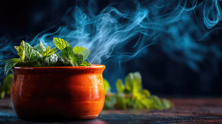 A captivating image featuring fresh mint leaves in a rustic clay pot, enveloped by enchanting smoke. Ideal for culinary, wellness, and nature-themed projects.の素材