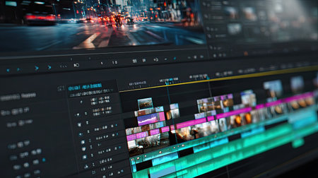Discover a dynamic video editing software interface showcasing a colorful timeline filled with video clips and images, perfect for creative projects.の素材