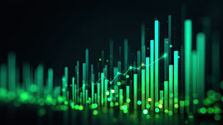 Vibrant abstract illustration showcasing green data visualization with bars and lines against a dark background, symbolizing growth and analytics in finance.の素材