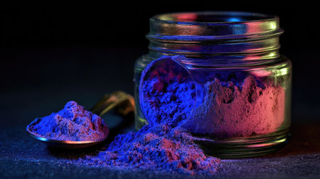 A captivating close-up of brightly colored powder spilling from a glass jar, illuminated by dramatic lighting. This vibrant scene evokes creativity and inspiration.の素材