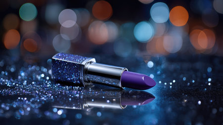 Captivating image featuring a shiny purple lipstick on a glittery surface with a beautiful blurred background. Perfect for beauty and fashion themes.の素材