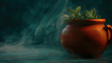 A close-up of fresh mint leaves emerging from a decorative clay pot, enhanced by wisps of smoke. This composition evokes tranquility and connection with nature.の素材