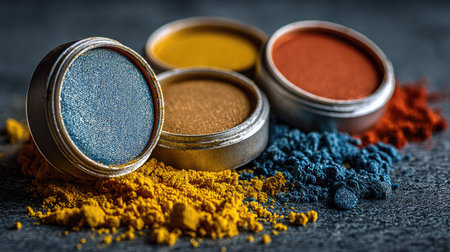 A vibrant collection of colorful pigment powders in open containers, showcasing rich shades of blue, yellow, and orange on a dark textured surface. Perfect for creative projects.の素材