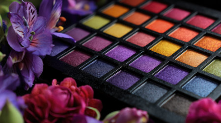 A vibrant makeup palette featuring rich colors alongside fresh flowers on a dark background. Perfect for beauty and cosmetics themes.の素材