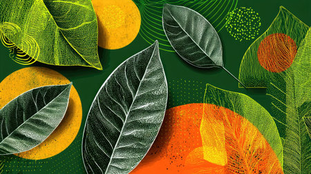 This vibrant illustration showcases various leaves against a rich green backdrop. The creative design features circular shapes and textures, evoking a sense of nature and freshness.の素材
