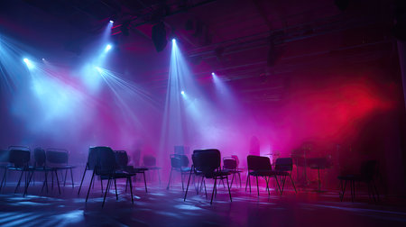A captivating scene featuring empty chairs illuminated by colorful stage lights, creating a dramatic atmosphere ideal for artistic photography and event planning.の素材