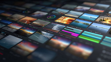 A modern digital workspace showcasing a vibrant array of image thumbnails, reflecting the organized interface of photo editing software. Ideal for depicting technology and creativity.の素材
