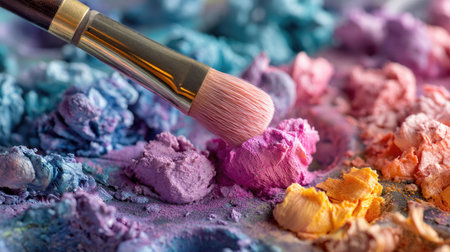 A close-up view of colorful pigments scattered on a textured surface, with a brush poised to blend. This image captures the essence of creative makeup artistry and beauty.の素材