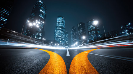 A captivating view of a curved road leading into a vibrant urban skyline at night, featuring bright city lights and sleek architecture, creating a dynamic atmosphere.の素材