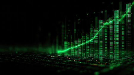 This image showcases a green digital graph representing rising trends against a dark background, ideal for finance and technology projects.の素材