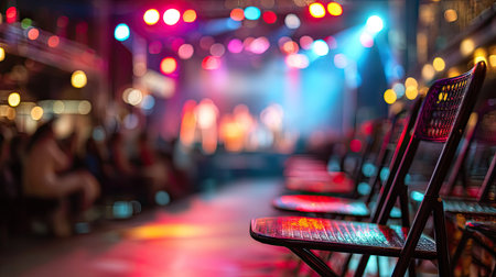 Empty chairs line the foreground, creating a sense of anticipation for a vibrant performance. Colorful lights illuminate the stage and background, enhancing the energetic atmosphere.の素材