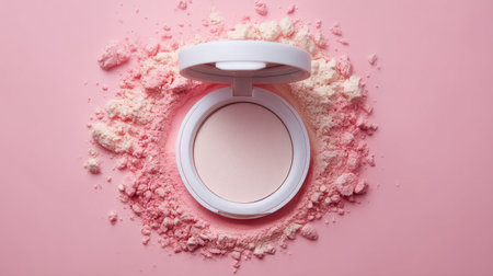 High-quality image of a makeup powder compact surrounded by colorful cosmetic dust on a pastel pink surface. Ideal for beauty, fashion, and lifestyle projects.の素材