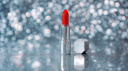 A stunning bright red lipstick stands elegantly on a shimmering surface, capturing the essence of beauty and glamour in this vibrant, detailed image.の素材