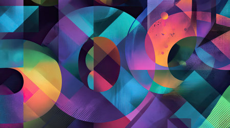 A captivating abstract image featuring vibrant geometric shapes in a kaleidoscope of colors. The interplay of curves and angles creates a dynamic visual effect, ideal for creative projects.の素材