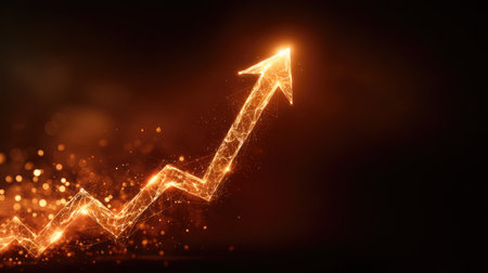 A stunning representation of growth and success, featuring a dynamic golden arrow rising against a backdrop of sparkling particles, conveying positivity and innovation in business.の素材