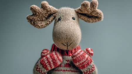 Adorable handmade moose toy dressed in a knitted sweater and mittens, perfect for holiday decor. This soft and cheerful figure brings warmth and joy.の素材