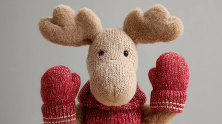 Adorable knitted moose toy in red mittens and scarf with a cheerful expression, perfect for winter decorations or as a delightful gift for children.の素材