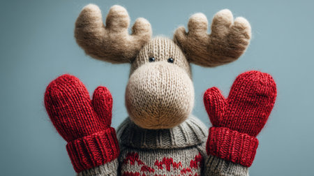 This charming knitted moose toy features vibrant red mittens and a cozy sweater, perfect for holiday decorations or gifts. Its adorable design brings joy and warmth.の素材