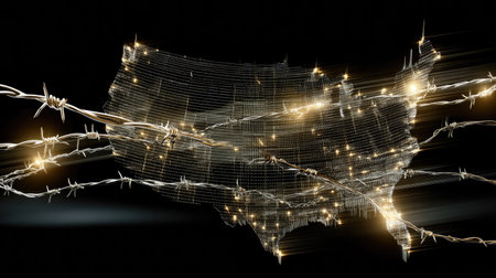 A creative digital illustration of America featuring a barbed wire design intertwined with glowing lights, symbolizing borders and connections in the modern landscape.の素材