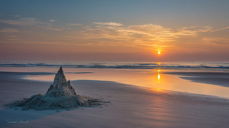 A stunning sunrise illuminates a beautifully crafted sandcastle on a tranquil beach. The soft ocean waves reflect in the warm morning light, creating a serene atmosphere.の素材