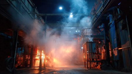 A dramatic industrial scene featuring thick smoke and ambient lighting, creating a striking atmosphere of an operational factory during the night hours.の素材