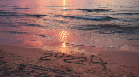 Captivating beach scene featuring the numbers written in sand at sunset, surrounded by gentle waves and a colorful sky, evoking tranquility and beauty.の素材