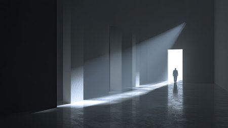 A solitary figure stands at the end of a dim corridor, illuminated by light from an open door, symbolizing hope and exploration amidst darkness and solitude.の素材