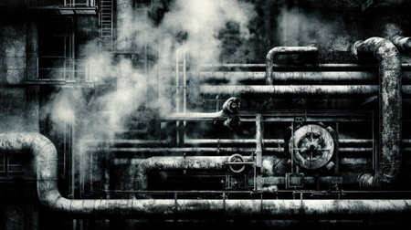 A detailed view of an industrial pipe network with steam, showcasing the complexity of machinery in a dark, textured environment. Perfect for themes of technology and industry.の素材