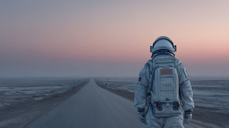 A lone astronaut walks along an empty road in a vast, desolate landscape during dawn. The serene setting captures themes of exploration, discovery, and the unknown.の素材
