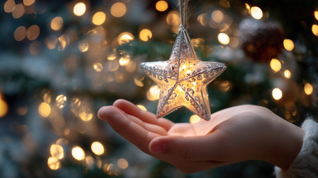 A delicate hand holds a glowing star ornament, beautifully illuminated with bokeh lights in a Christmas setting, evoking warmth and festive joy.の素材
