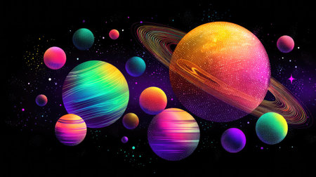 Explore a stunning abstract cosmic scene featuring vibrant planets and rings against a dark backdrop, perfect for creative projects and imaginative themes.の素材