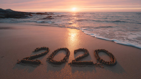 A beautiful sandy beach at sunset showcasing the year 2020 written in the sand. The gentle waves lap at the shore, creating a serene and tranquil atmosphere.の素材