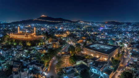A breathtaking aerial view of a lively cityscape at night, showcasing illuminated landmarks and vibrant city lights, perfect for travel and urban lifestyle themes.の素材