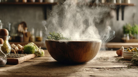 A cozy kitchen scene featuring a wooden bowl with steam rising from fresh herbs. The warm ambiance highlights culinary preparation and healthy meal inspiration.の素材