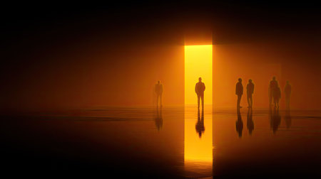 A captivating scene featuring silhouetted figures standing in a misty space illuminated by a bright doorway. The stark contrast and atmospheric lighting evoke mystery and exploration.の素材