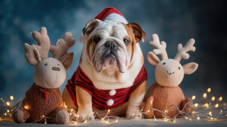 A charming bulldog dressed in a Santa outfit poses with plush reindeer toys amidst soft lights, capturing the essence of holiday joy and celebration.の素材