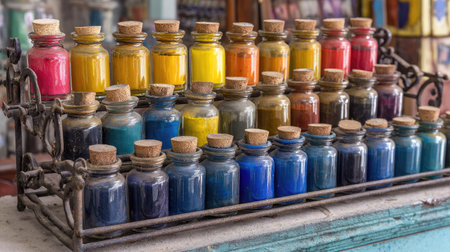 A stunning display of vintage glass jars filled with an array of vibrant paints. Perfect for inspiring artists and enhancing creative spaces.の素材