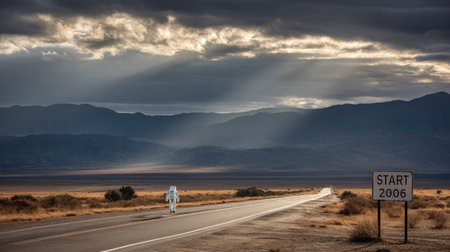 An astronaut stands alone on a deserted road, surrounded by expansive desert and dramatic clouds overhead, embodying adventure and exploration amidst a surreal landscape.の素材