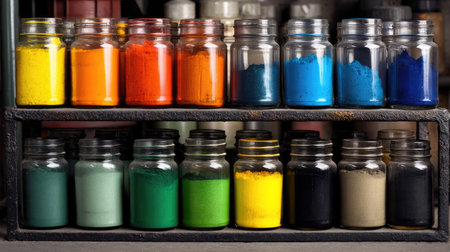A vibrant collection of jars filled with powdered pigments in various colors arranged neatly on a rustic shelf, perfect for artists and craftsmen.の素材