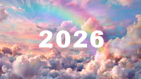 Beautiful pastel sky filled with fluffy clouds and a rainbow, symbolizing hope and dreams for 2026. Perfect for creative and uplifting projects.の素材