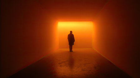 A lone figure stands in a narrow, glowing orange tunnel, highlighting themes of solitude and exploration in a minimalist environment.の素材
