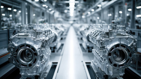 A detailed view of precision automotive engine components on an assembly line, showcasing modern manufacturing technology and high-quality engineering processes.の素材