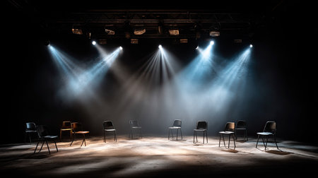 A captivating empty stage with chairs arranged under dramatic spotlight lighting creates a powerful atmosphere of anticipation and creativity, perfect for artistic projects.の素材