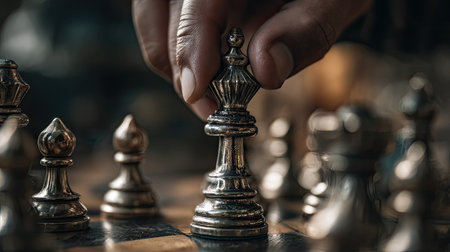 A close-up image showcasing a hand moving a silver queen piece during an intense chess match, emphasizing the focus and strategic depth of the game.の素材