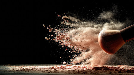 A cosmetic brush effortlessly disperses powder creating a dramatic cloud on a dark surface. The image captures the artistry of makeup application with elegance.の素材