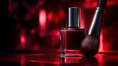 This stunning image showcases elegant red nail polish and a makeup brush, enhancing the beauty experience. The glowing background adds allure to the composition.の素材